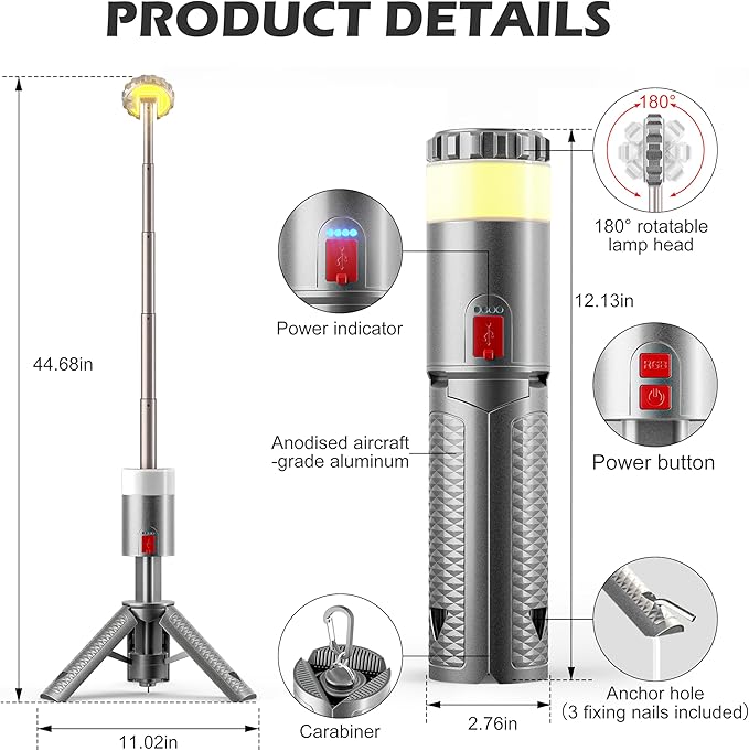 Favourlite Camping Lantern, Telescopic Camping Lantern Rechargeable with 15 Color Temperatures 10000mAh Camping Essentials with Hook Portable Waterproof Lanterns for Power Outages, Emergency, Hiking