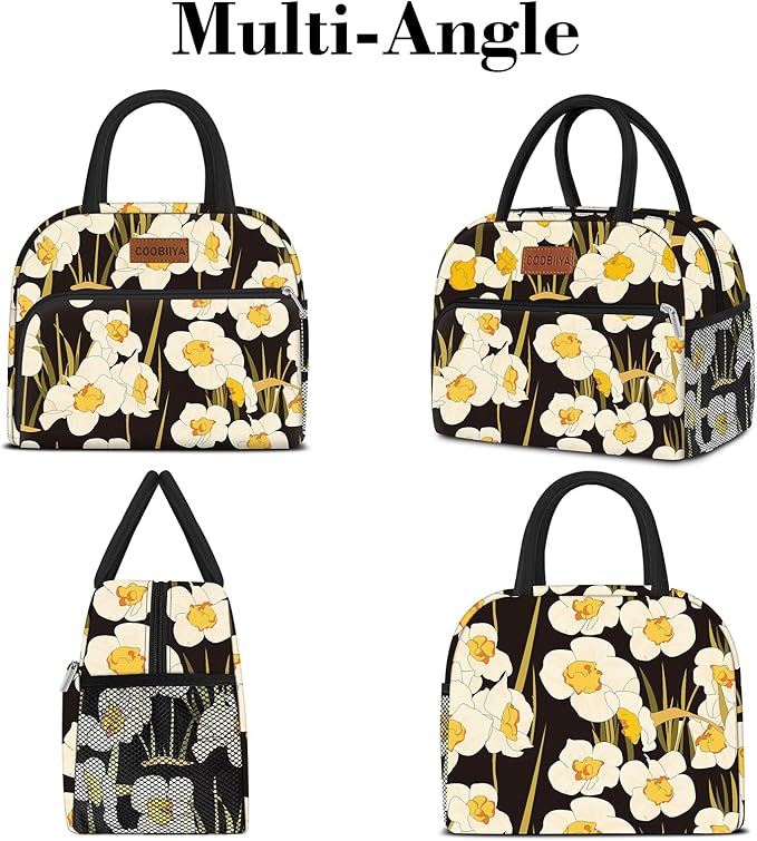 Coobiiya Lunch Bag Women, Daffodil Lunch Bag for Women Adult, Small Leakproof Cute Lunch Box Tote Large Capacity Reusable Insulated Cooler Lunch Container for Work/Office