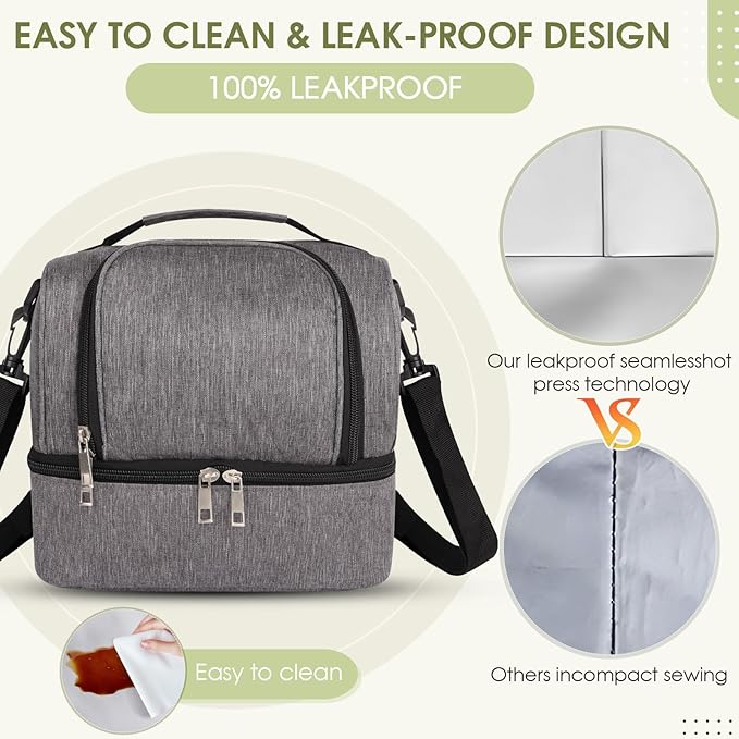 Lunch Box Lunch Bag for Women Men Reusable Insulated Lunch Bag Women Lunch Cooler Tote Bags with Adjustable Shoulder Strap for Office Work Picnic Travel, Light Gray