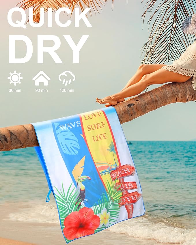 Microfiber Large Beach Towel - Big Camping Towels Fast Drying Lightweight 62x32 Inch, Sand Free Portable Pool Towel with Pouch, Buckles, Elastic Band for Travel, Fitness, Yoga, Sauna, Swim