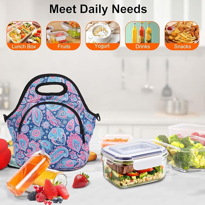 Neoprene Lunch Bag, Thermal Insulated Lunch Tote Bag with Detachable Shoulder Straps, Lightweight & Reusable Lunch Bag for Women Men