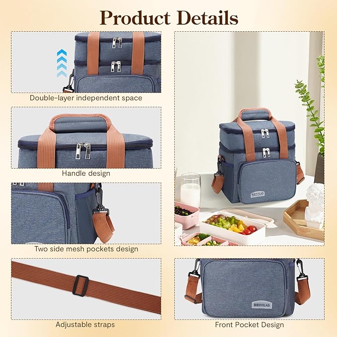 Double Insulated Lunch Bag for Women/Men, Thermal Lunchbox Leakproof Waterproof Cooler Bag with Adjustable Shoulder Strap for Adults, Lunch Bag for Work Office Camping Travel (12L, Navy Blue)