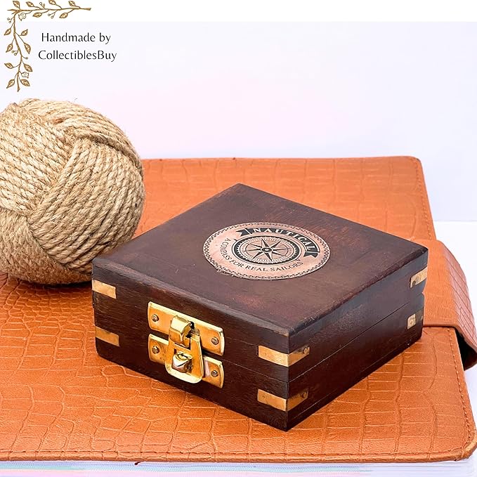 Magnetic Marine Brass Compass with Wooden Box – 2" Antique Nautical Compass for Navigation, Sailing, Hiking, Camping – Vintage Gift for Sailors & Collectors