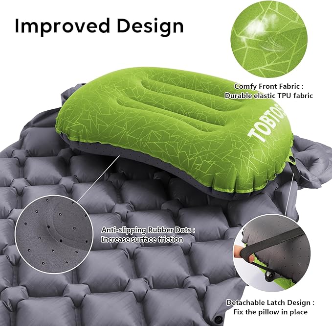 TOBTOS Camping Inflatable Pillow for Camping, Ultralight Backpacking Ergonomic Support for Neck & Lumbar, Blow Up Air Pillow for Travel, Hiking, Outdoor (Green)