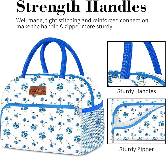 Coobiiya Lunch Bag Women, Lunch Box for Women Adult Men, Small Lunch Bag Leak-proof Cute Lunch Tote Large Capacity Reusable Insulated Cooler for Work/Office/Picnic/Travel-Blue Daisy