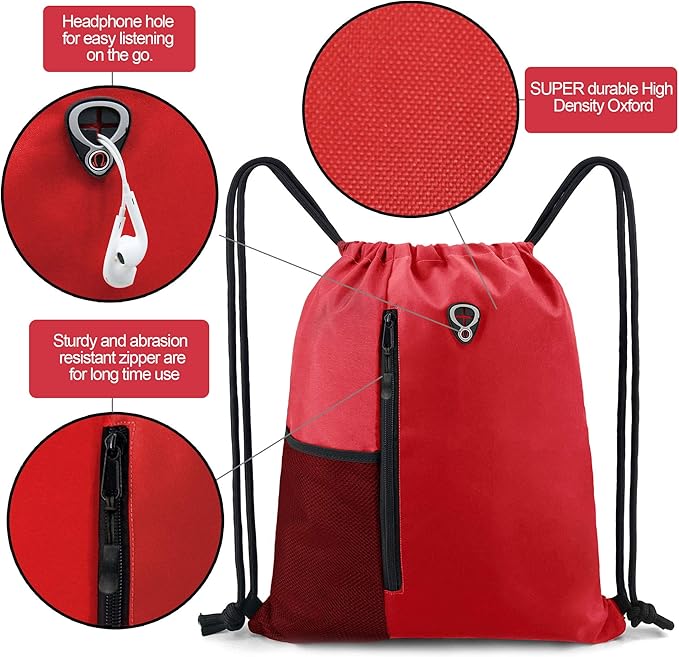 Drawstring Backpack Sports Gym Bag for Women Men Large Size With Two Zipper Pockets and Water Bottle Mesh Pockets