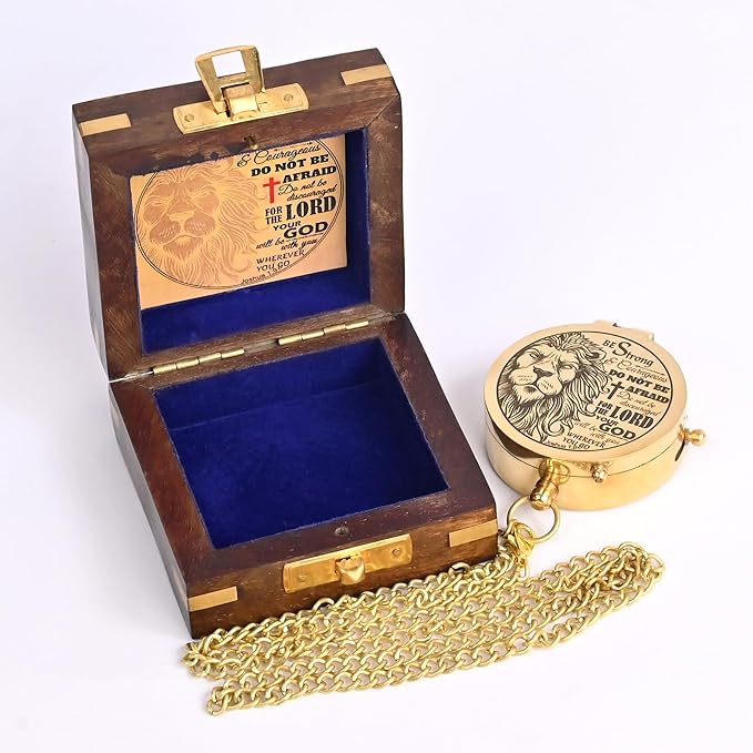 Brass Compass Engraved with Religious Scripture Verse (Joshua 1:9) - Perfect for Baptism, Confirmation, Communion - Ideal for Godson, Church, Graduation - Presented in Wood Box