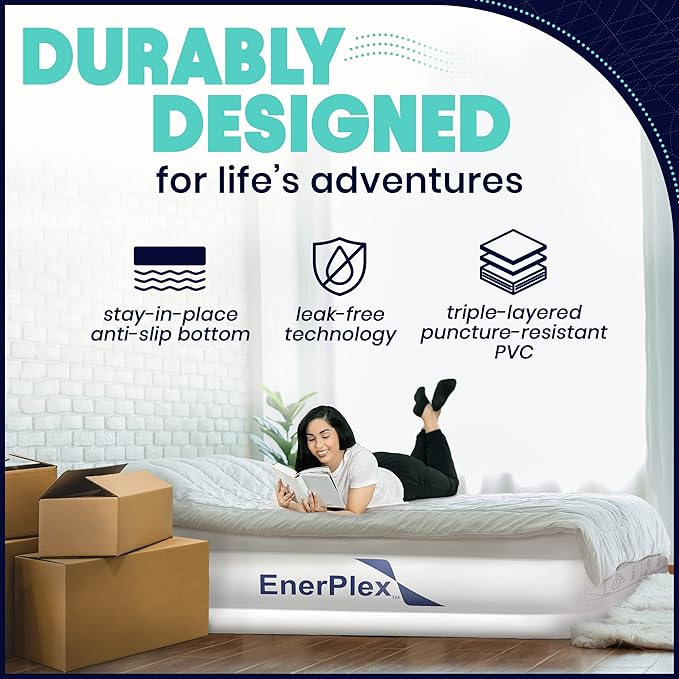 EnerPlex Twin Air Mattress with Built-in Pump - 16 Inch Double Height Inflatable Mattress for Camping, Home & Portable Travel - Durable Blow Up Bed with Dual Pump - Easy to Inflate/Quick Set Up