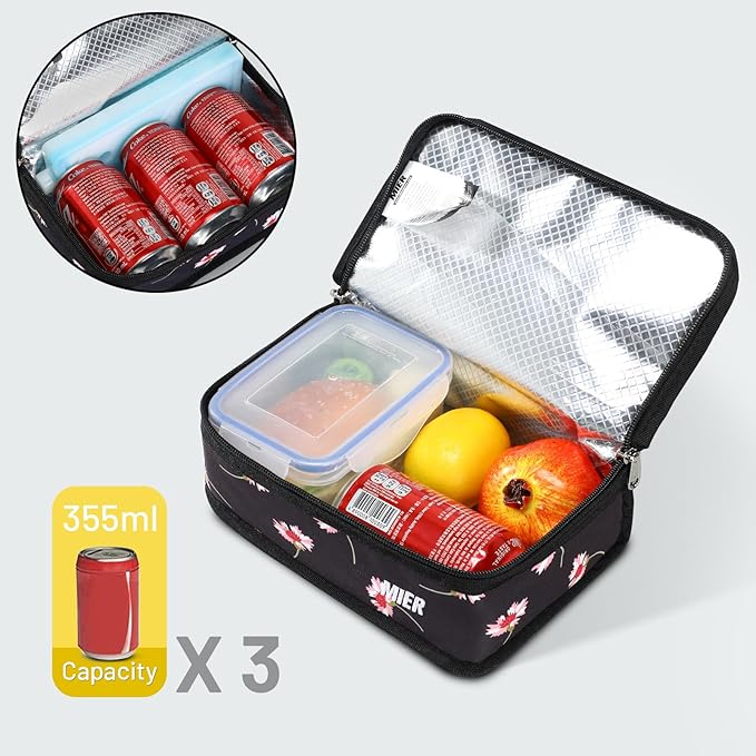 MIER Portable Thermal Insulated Cooler Bag Mini Lunch Bag for Women Teen Girls Kids, Black Floral
