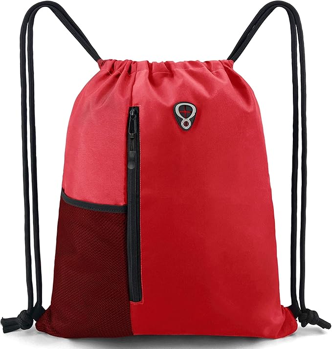 Drawstring Backpack Sports Gym Bag for Women Men Large Size With Two Zipper Pockets and Water Bottle Mesh Pockets