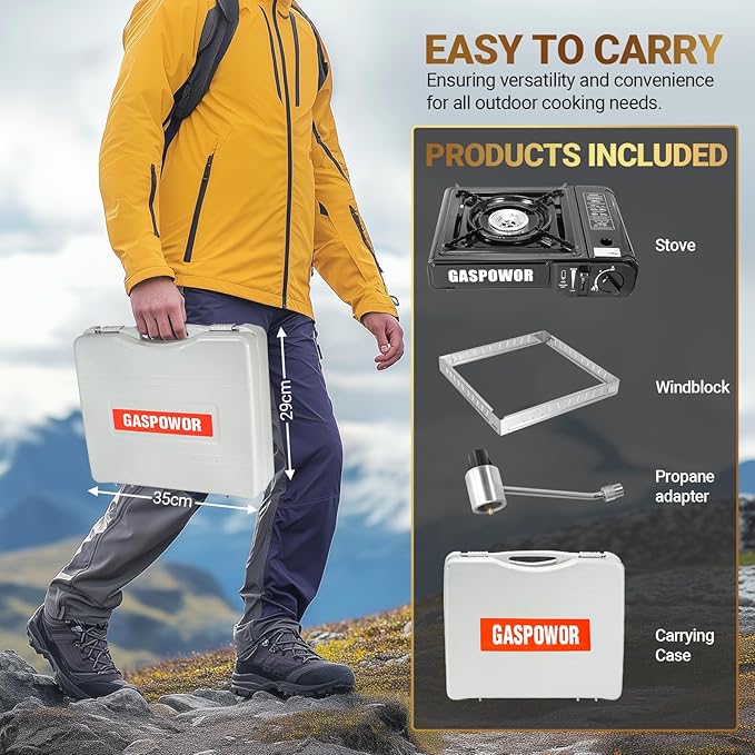 Propane or Butane Stove Dual Fuel Stove Portable Camping Stove with Carrying Case&Windblocker, 10,000 BTU Butane Propane Stove, Automatic Ignition for Emergency Preparedness Kit (Fuel Not Included)