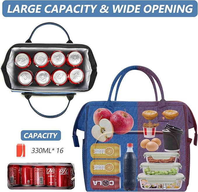 IDEATECH Large Insulated Lunch Bag for Men, Blue, Reusable Cooler Bag with Pockets, Leakproof and Insulation