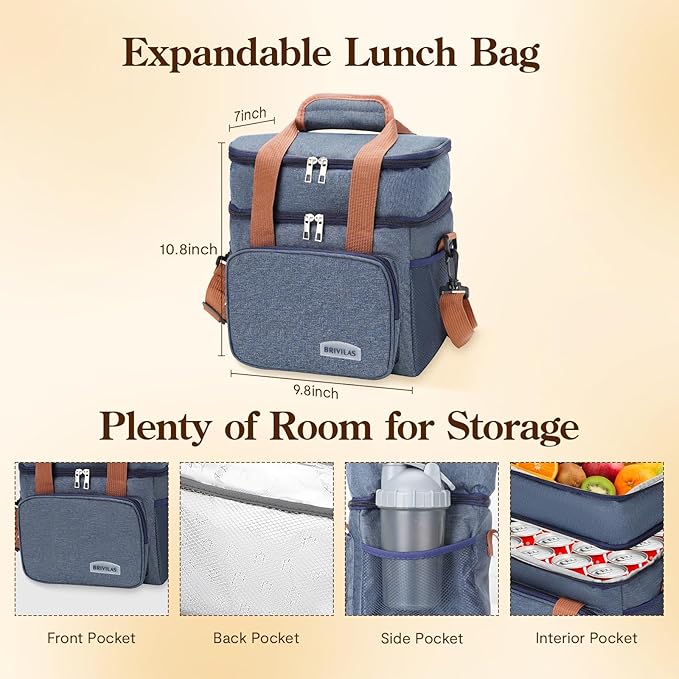 Double Insulated Lunch Bag for Women/Men, Thermal Lunchbox Leakproof Waterproof Cooler Bag with Adjustable Shoulder Strap for Adults, Lunch Bag for Work Office Camping Travel (12L, Navy Blue)