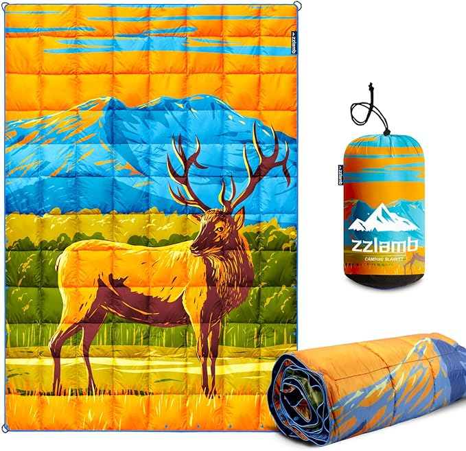 zzlamb Camping Blanket, Lightweight Cloak Puffy Down Alternative Travel Blanket, Portable & Windproof Warm Outdoor Blanket, Cozy Quilt Plane Car Picnic Hammock Beach Backpacking, 52x75in