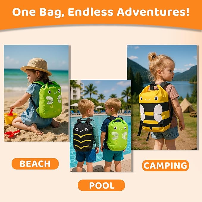 Kids Beach Bag Dry Bag Water Proof Resistent Travel Backpack Sacks for swimming Waterproof Backpack (Bee, 5L)