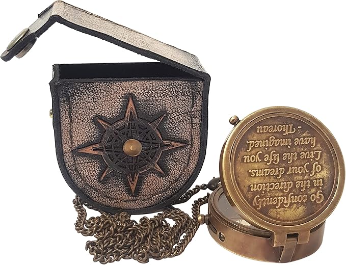 Brass Compass Engraved with Thoreau's Go Confidently Quote and Stamped Leather Case, Boys Gifts