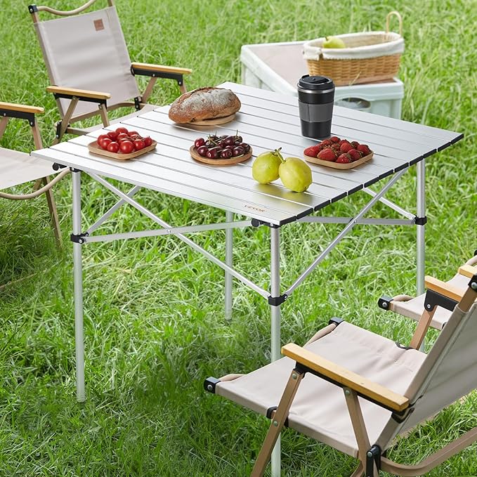 VEVOR Folding Camping Table, Outdoor Portable Side Tables, Lightweight Fold Up Table, Aluminum Ultra Compact Work Table with Carry Bag, for Cooking, Beach, Picnic, Travel, 24x16 inch, Silver