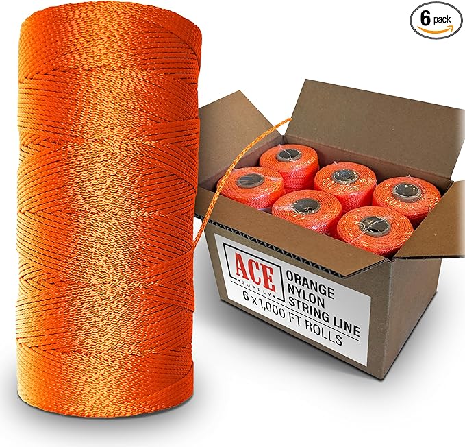 Orange Mason Line String Line - #18 Braided Nylon String - 6,000 Ft Length - Nylon Twine for Gardening Or Masonry Tools - Perfect Construction String for A String Level, Twine String for Gardening