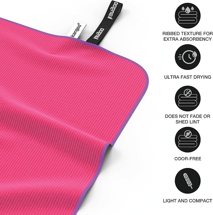 Kangoo Ribbed Microfiber Towel – Super Absorbent and Quick Dry, Suitable for Travel, Beach, Camping, Gym, Pool, Yoga (Fuchsia)