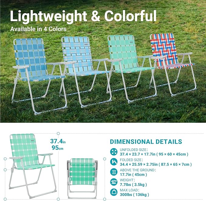 #WEJOY Folding Beach Chair for Adults, Lightweight Beach Chair with Shoulder Straps, High Back Beach Chairs with Hard Armrest, Supports 300lbs for Beach Lawn Concert