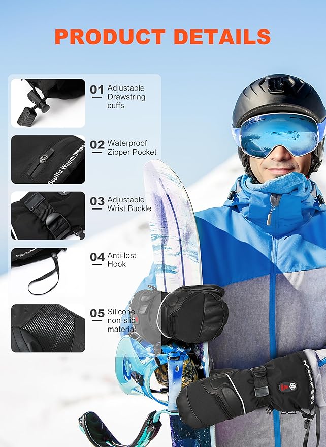 ThxToms Heated Mittens Gloves for Men Women, Rechargeable Heated Gloves with Touchscreen, 7.4V 3200mah Waterproof Winter Ski Gloves for Skiing Snowboarding Fishing,Camping, Hiking,L