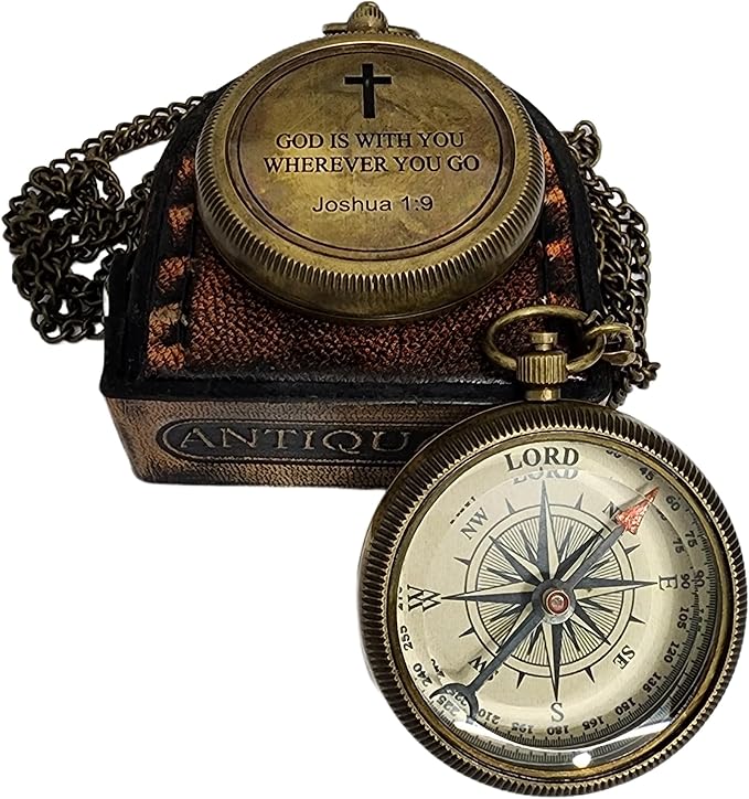 Brass Compass Unique Print 'GOD is with Yout' Engraved Compass with Leather Case and Chain A Great Gift Item for Your Loved Ones