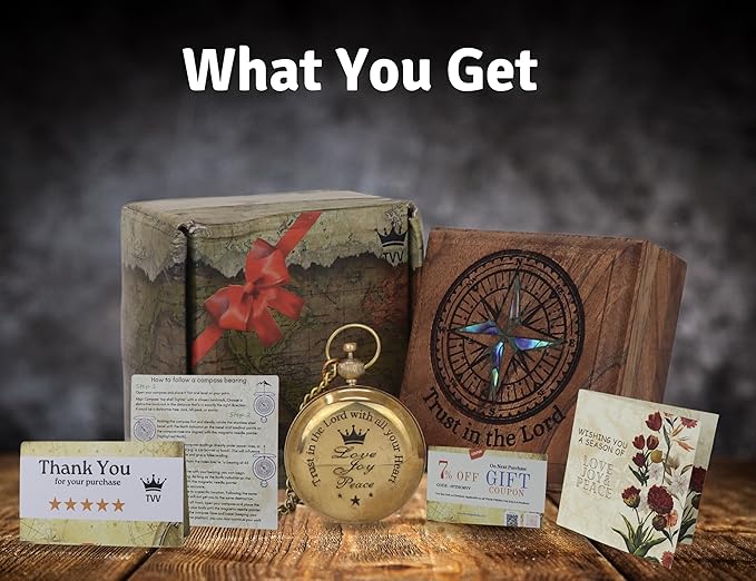 TVV-Christian Compass Gift for Him – Solid Brass Pocket Compass with Bible Verses – Baptism Gifts for Boys, Religious Compass Gift for Graduation, Confirmation – Includes Wooden Box & Greeting Card