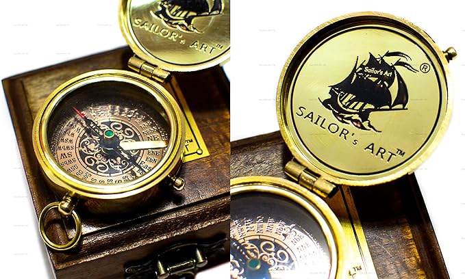 Sailor's Art Pocket Compass | Camping Travelling Equipment | Boat Brass Chain Compass with a Beautiful Quote| Nautical Navy Directional Compass | Table Top