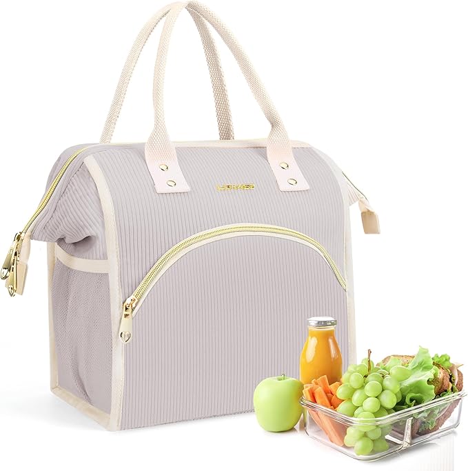 LOKASS Lunch Bag Women Insulated Lunch Box Wide-Open Lunch Tote Bag Large Cooler Bag for Work Picnic Hiking Beach(Light Gray)