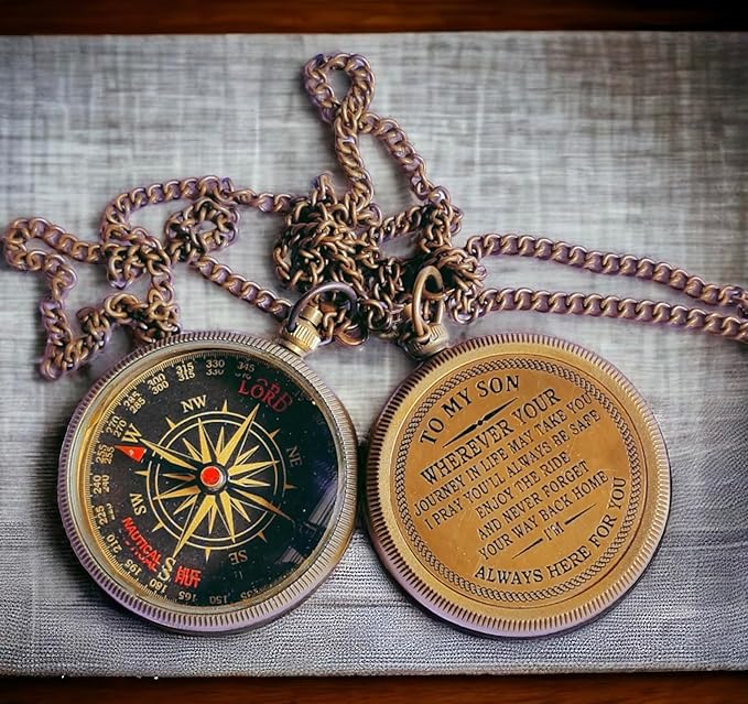 to My Son The Golden Compass for Hiking Backpacking- Orienteering Compass with Leather Carry Case, Chain & Engraved Slogan - Kids Compass for Map Reading Camping Hunting and Outdoor Activities