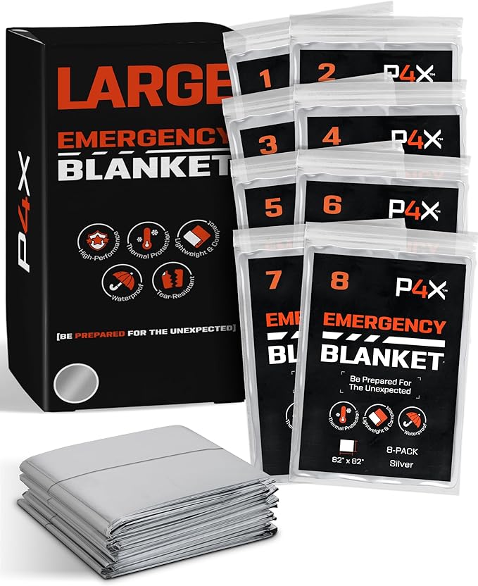 PREPARED4X Mylar Blankets 8 Pack - Waterproof Emergency Blanket - Rip and Tear Resistant Survivalist Gear - Emergency Thermal Blanket for Outdoor Survival