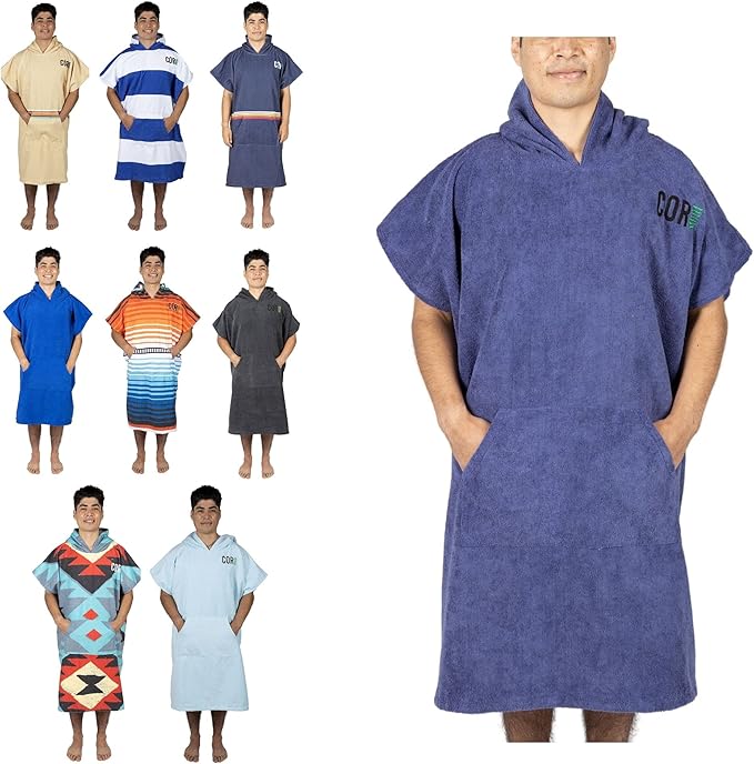 COR Surf Poncho Changing Towel Robe with Hood and Front Pocket | Thick Quick Dry Microfiber Wetsuit Poncho Towel for Surfing Beach Pool Swim (Large, Cobalt)
