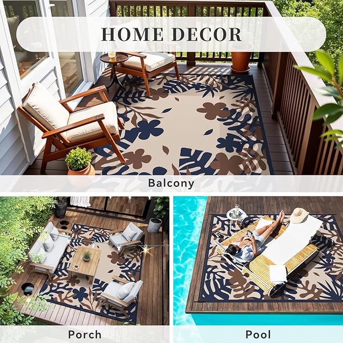 MontVoo Outdoor Rug Waterproof 8x10 ft RV Outdoor Rug for Camping Picnic Mat Outdoor Patio Rug Carpet Plastic Straw Reversible Floral Navy Orange