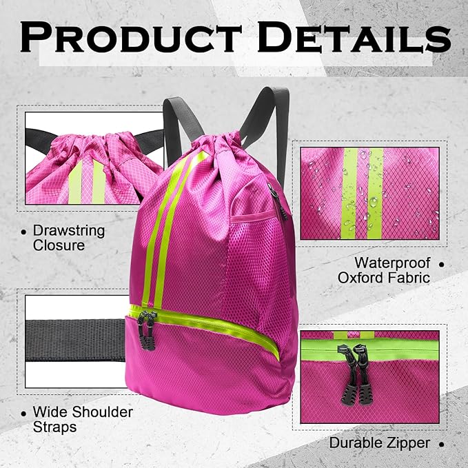 Sports Drawstring Backpack, Gym Bag for Men Women with Shoe Compartment, Waterproof Pocket, Drawstring Swim Bag (Rose Red)