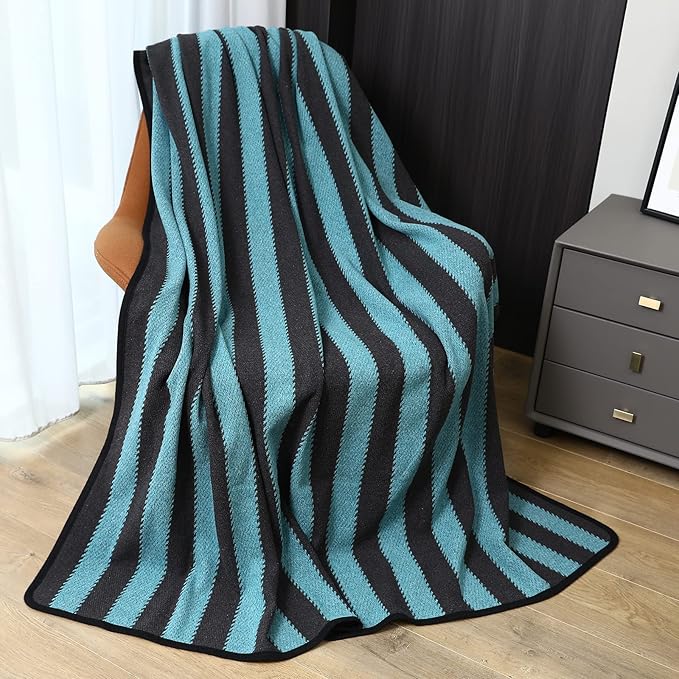 PuTian Merino Wool Blanket - 87" x 63" Thick Warm Soft Large Bed Throw - Great for Camping, Outdoors, Travel, Car, Couch, All Seasons Blue Stripe