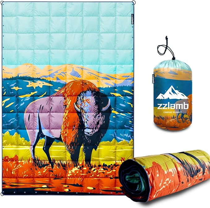 zzlamb Camping Blanket, Lightweight Cloak Puffy Down Alternative Travel Blanket, Portable & Windproof Warm Outdoor Blanket, Cozy Quilt Plane Car Picnic Hammock Beach Backpacking, 52x75in