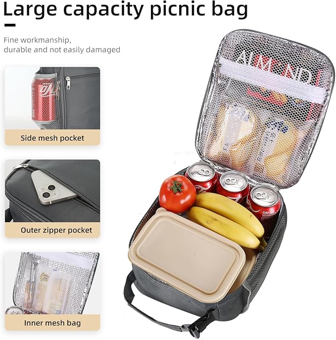 Lunch box Lunch bag for men women Insulated Lunchbox Lunch bags for Work Picnic Travel (Grey)