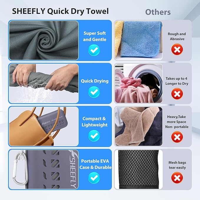 SHEEFLY Microfiber Camping Towel,Quick Dry Towel for Camping,Super Absorbent Ultra Soft Compact Lightweight Travel Towel Fast Dry Small Microfiber Towels for Body,Backpack,Fitness,Beach,Gym,Sport