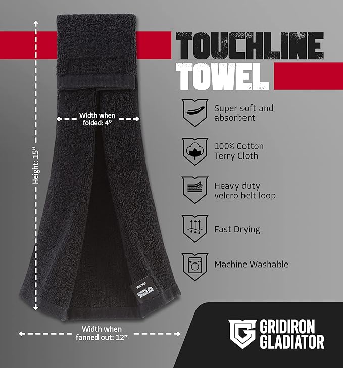 Pure Cotton Football Towel, Youth Men Streamer Towel, Football Towel Quarterback, Sideline Qb Towel with Hook & Loop Closure