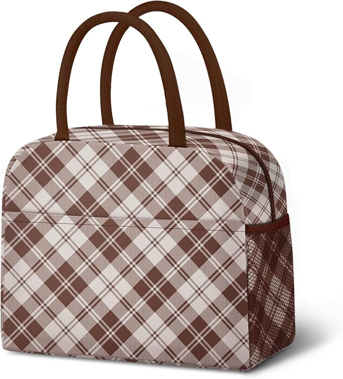 Lunch Bag Lunch Box for Women Men Reusable Insulated Cooler Lunch Tote Bags, Leakproof Cute LunchBag Large Capacity for Work Travel Picnic,Brown Grid