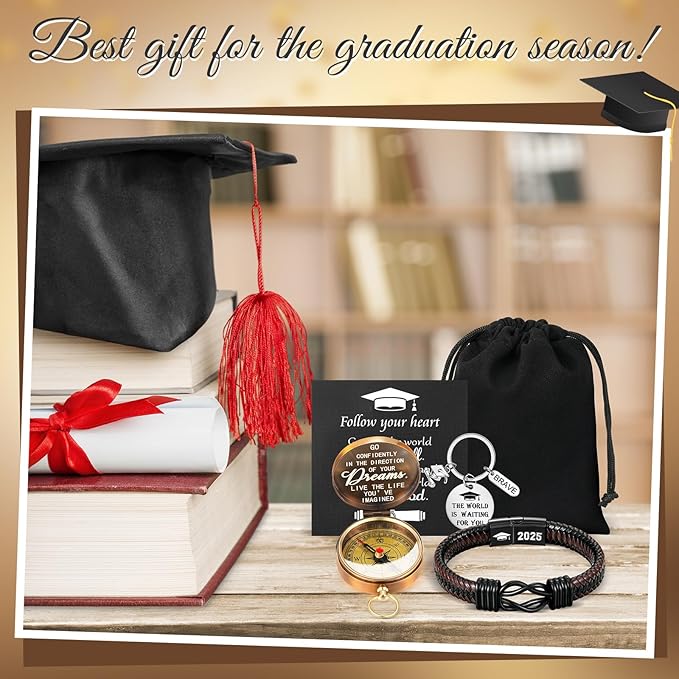 Quelay 5 Pcs Compass Graduation Gift Class of 2025 Engraved Compass Keychain Leather Stainless Steel Knot Bracelet Inspirational Card and Drawstring Bag High School College Graduation Gifts for Him