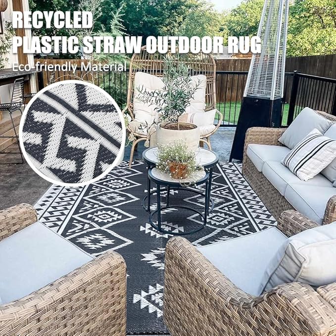 LILIOFFIC Outdoor Rug 9x12 ft, Waterproof Outdoor Plastic Straw Rug for Camping, Large RV Mat Outside, Outdoor Carpet for Deck, Backyard, Balcony, Picnic, with 4 Stakes, Grey