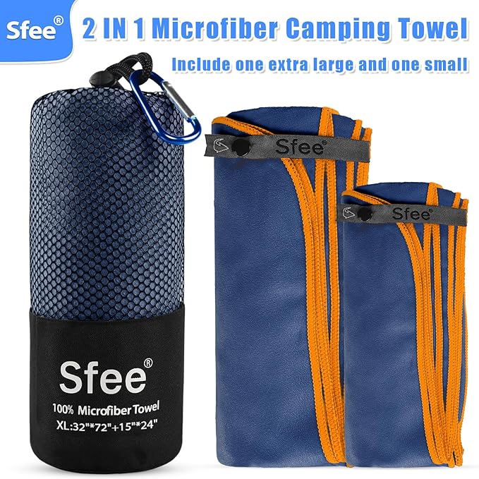 Sfee 2 Pack Microfiber Travel Towel, Quick Dry Towel Camping Towel Large Beach Towel Super Absorbent Compact Lightweight Sports Towel Gym Towel Set for Beach, Gym, Hiking, Pool, Backpacking,Bath,Yoga