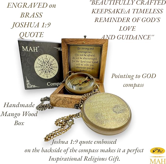 Bible Verse Brass Compass – “Be Strong and Courageous” (Joshua 1:9) | Christian Gift for Graduation, Baptism, Confirmation – Religious Keepsake for Boys, Girls, Teens, Men, Pastors & Church Events