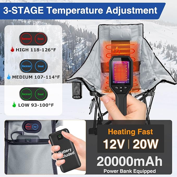 Slendor Heated Rocking Chair, Oversized Heated Camping Chair w/ 3 Levels Heat for Back+Seat, Heated Rocking Camping Chair with 20000 mAh Power Bank, Pillow, Side Pocket, Padded, Carry Bag, Gray
