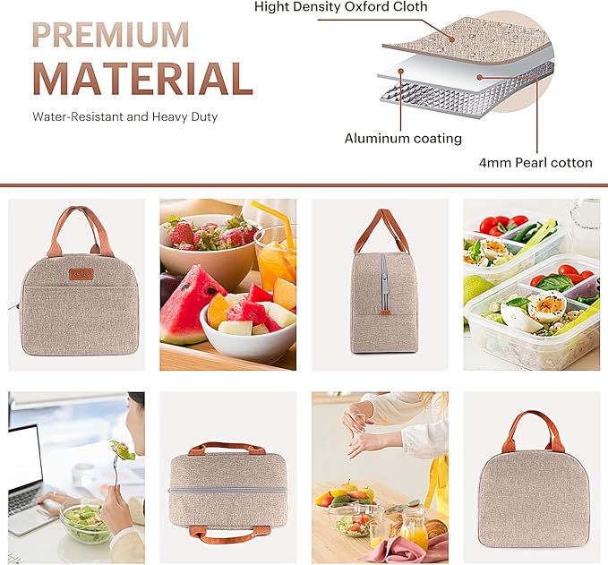Lunch Bag for Women & Men Adult Insulated Lunch Box, Small Leakproof Cooler Food Lunch Containers Reusable High Capacity Lunch Tote Bags for Work, Travel, Outdoor (KHAKI)