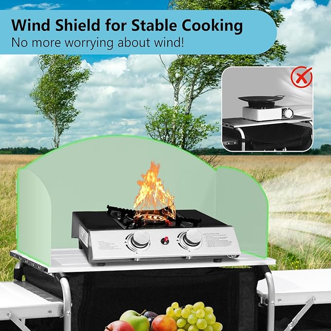 Seeutek Camping Kitchen Table Aluminum Portable Outdoor Cooking Table Foldable Camp Table with Windscreen and 3 Storage Cupboards Multifunctional for BBQ, Party & Outdoor Activities