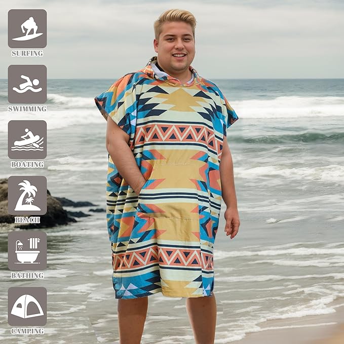 Rainleaf Surf Poncho Changing Towel Quick Dry Pool Swim Beach Towel with Hood and Front Pocket Warm and Soft Microfiber RobeTowel for Women and Men-Geometric Sunset Gold