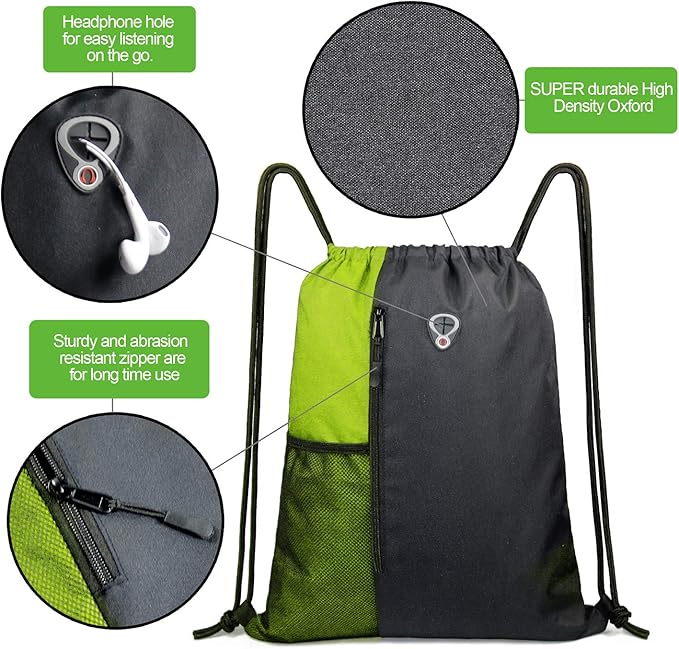 Drawstring Backpack Sports Gym Bag for Women Men Large Size With Two Zipper Pockets and Water Bottle Mesh Pockets