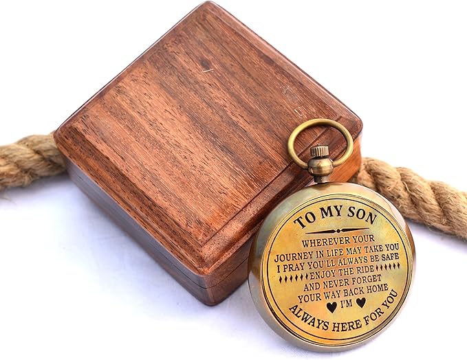 to My Son Compass with Wooden Box-Mom to Son Compass–Father to Son Gifts- to My Grandson -Graduation Day Gifts for Son-Birthday, Baptism, Graduation, Confirmation, Communion Compass for Women Men